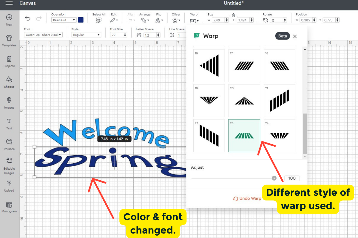 Showing how you can change color and font and use a different type of warp for the second word, spring. 