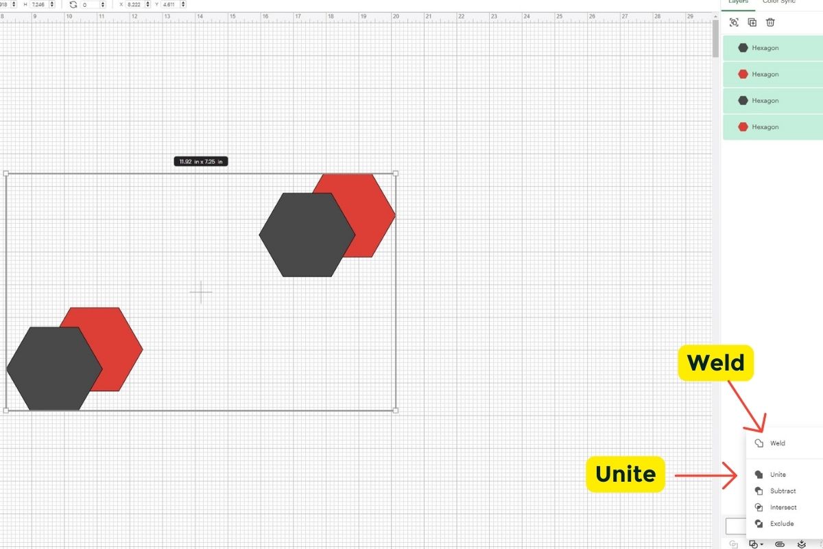 Weld and Unite tools on the tool panel with two sets of hexagons selected. 