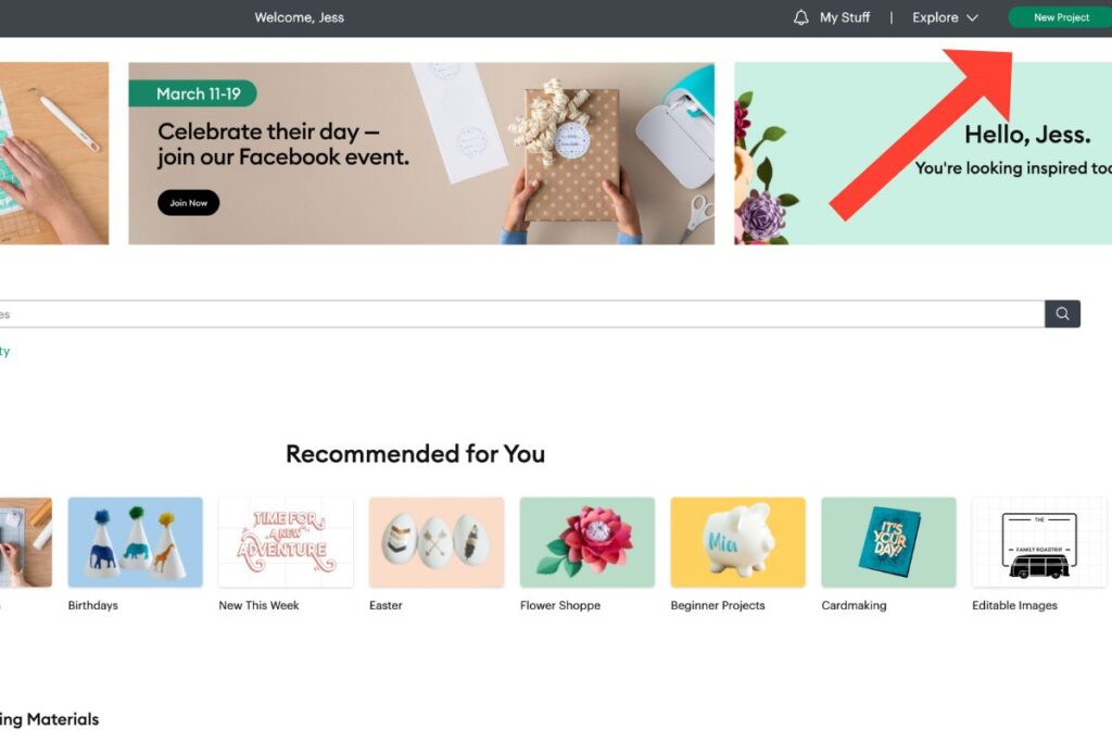 Cricut home page. 