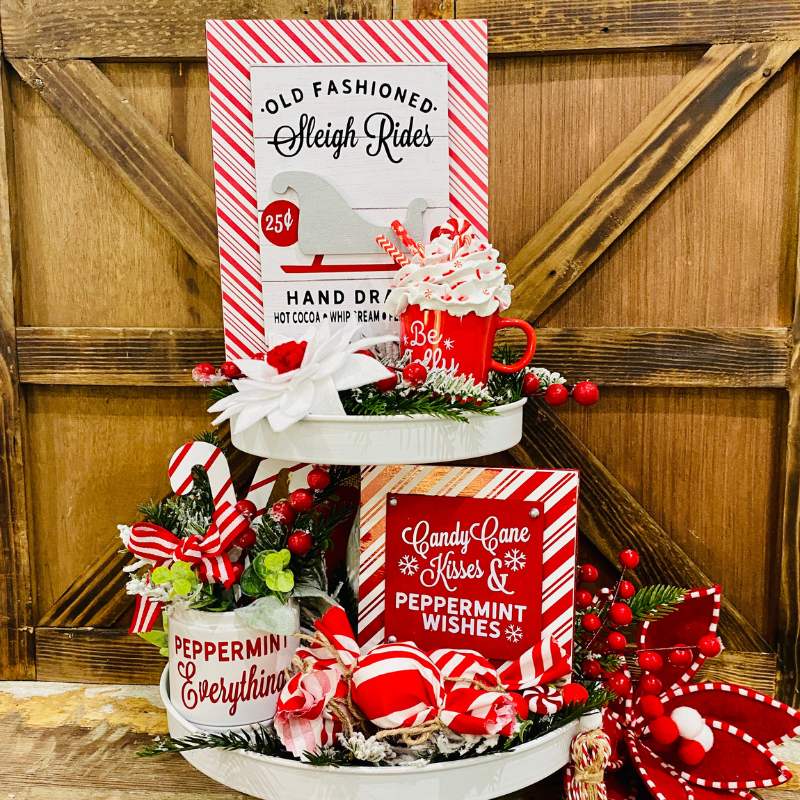 Peppermint kisses tiered tray.